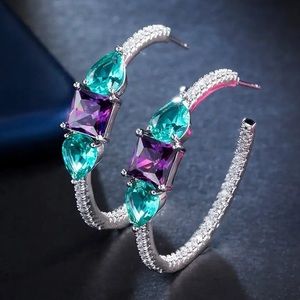 Teal Purple CZ Silver Hoop Earrings